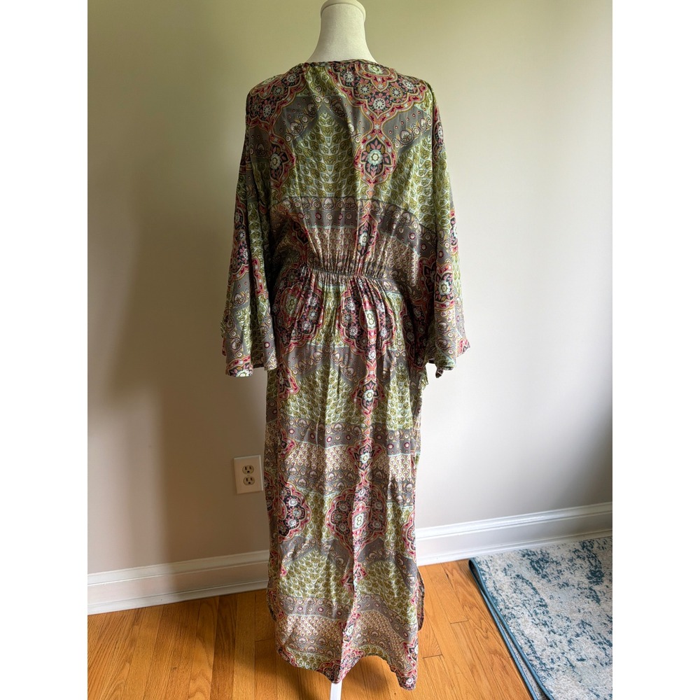 World Market Boho Paisley Floral Maxi Dress Green Pink Rayon Kimono Sleeve L/XL - Picture 2 of 7